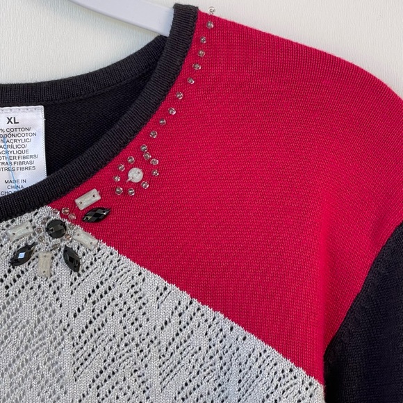 Alfred Dunner Knit Sweater Embellished Neckline Colorblock 3/4 Sleeve Crewneck - Picture 4 of 11